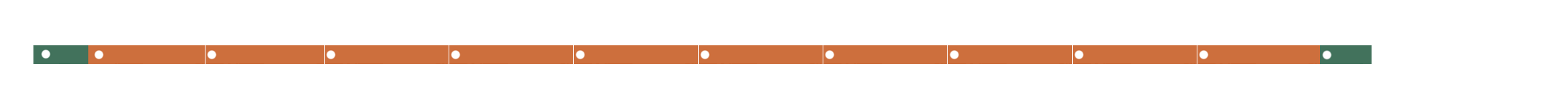 A horizontal line segment. The left- and right-most tips are colored in green, and the majority of the line segment, on the inside, is orange. 10 dots are evenly interspersed among the orange portion of the segment.