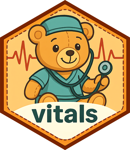 The hex sticker for the vitals package: a teddy bear in blue scrubs happily holding a stethoscope.