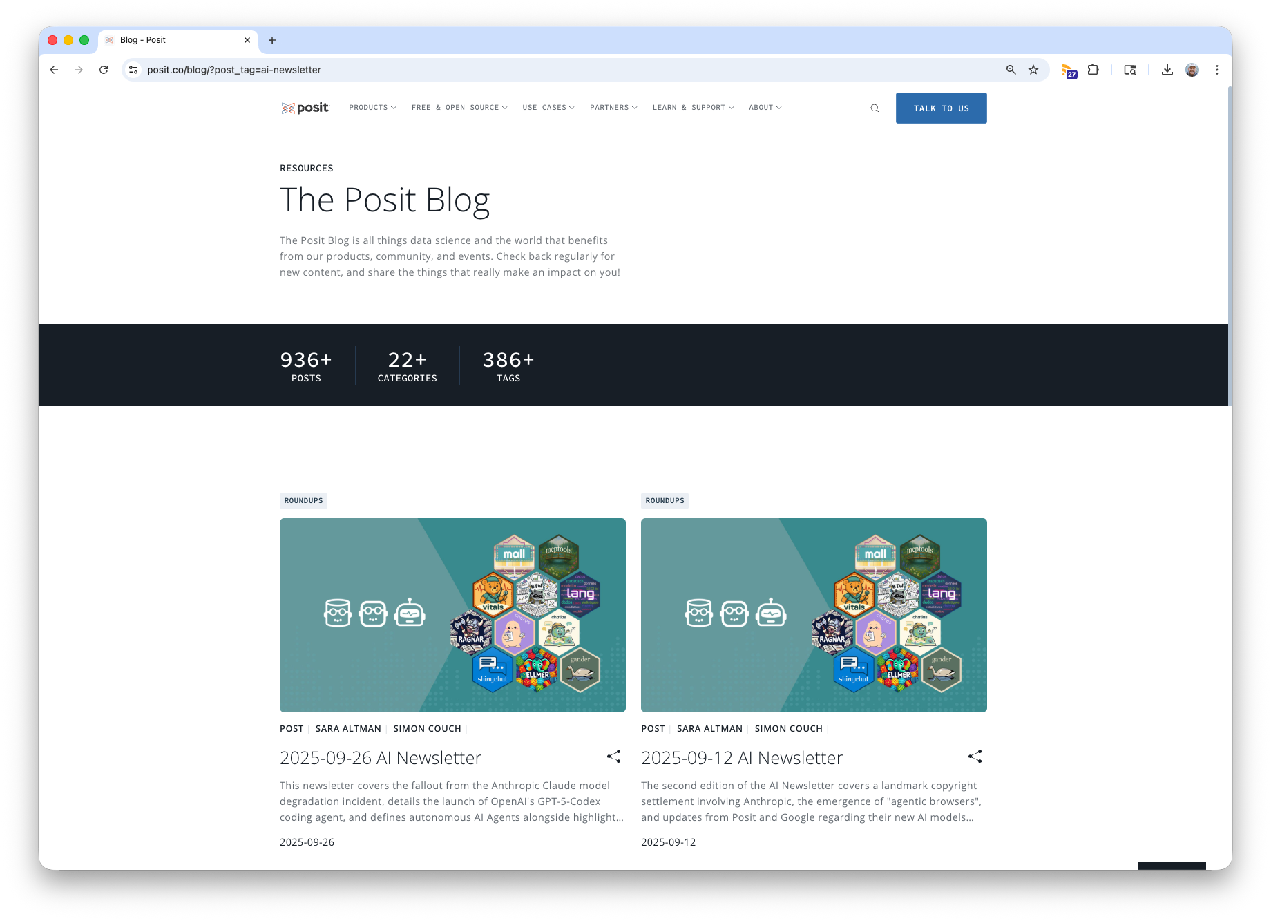 A screenshot of the Posit Blog homepage showing statistics (936+ posts, 22+ categories, 386+ tags) and two featured blog post cards. Both posts are AI Newsletter roundups from September 2025 by Sara Altman and myself, featuring R package hexes in their hero images.