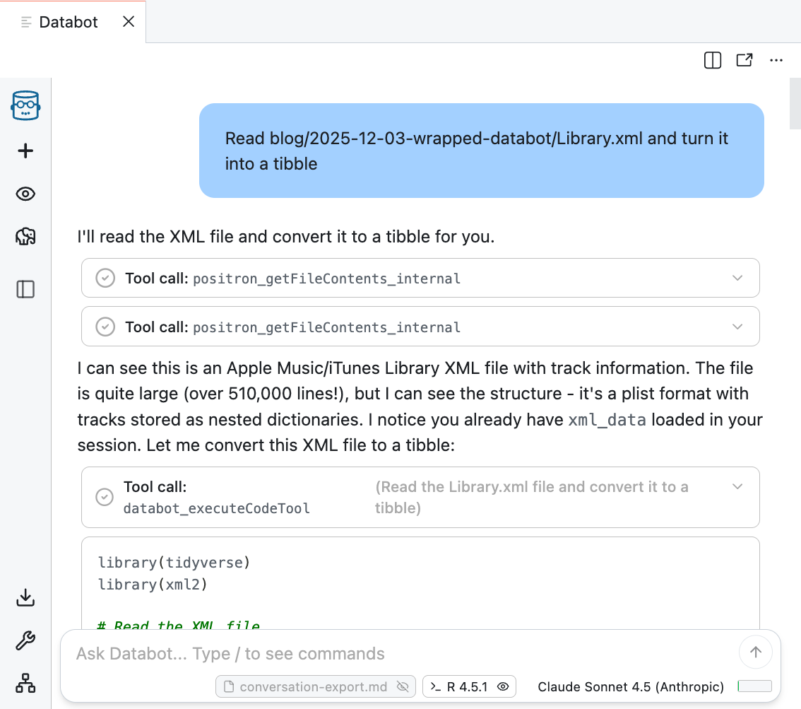 A screenshot of the beginning of a conversation with databot, where I say 'Read blog/2025-12-03-wrapped-databot/Library.xml and turn it into a tibble' and the agent begins working.