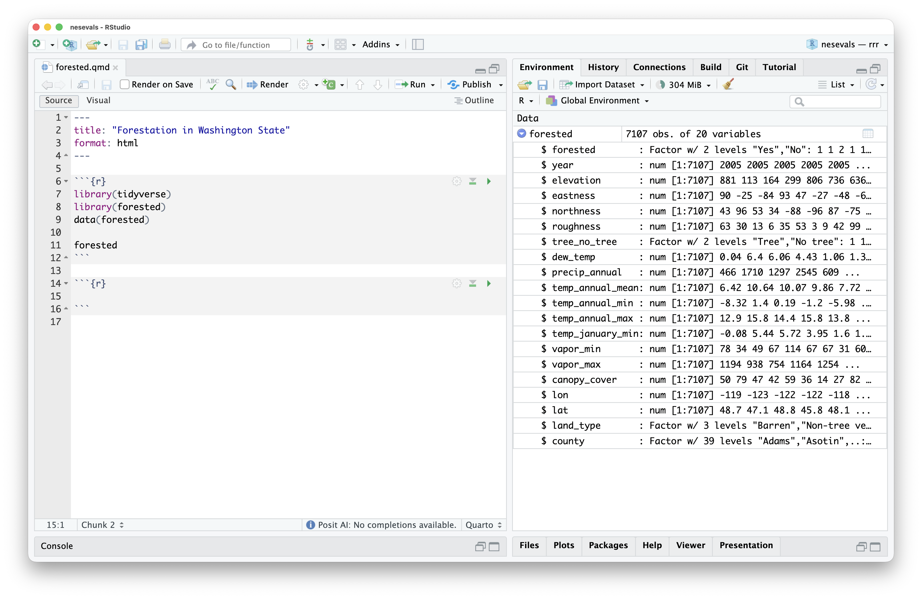 A screenshot of an RStudio window. In the left-hand side, I load the tidyverse and forested packages, and from the forested package, I load the dataset forested. On the right-hand side, we see the column names for the forested dataset Inside of the environment tab.